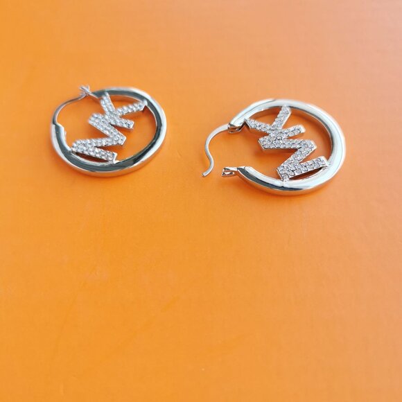 Michael Kors Pave Hollow Logo Hoop Earrings / Silver Plated - Picture 2 of 3